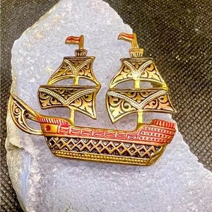 Vtg Bronze Ship brooch with Enamel from Spain